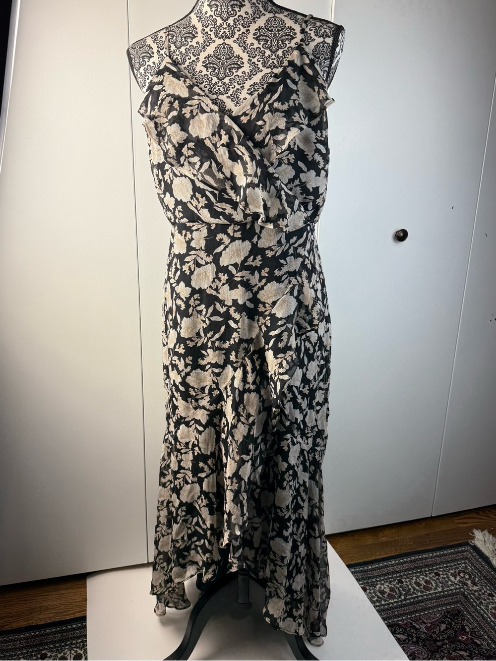 Black and beige Floral Wrap Maxi Dress size large high, low fairy goth y2k